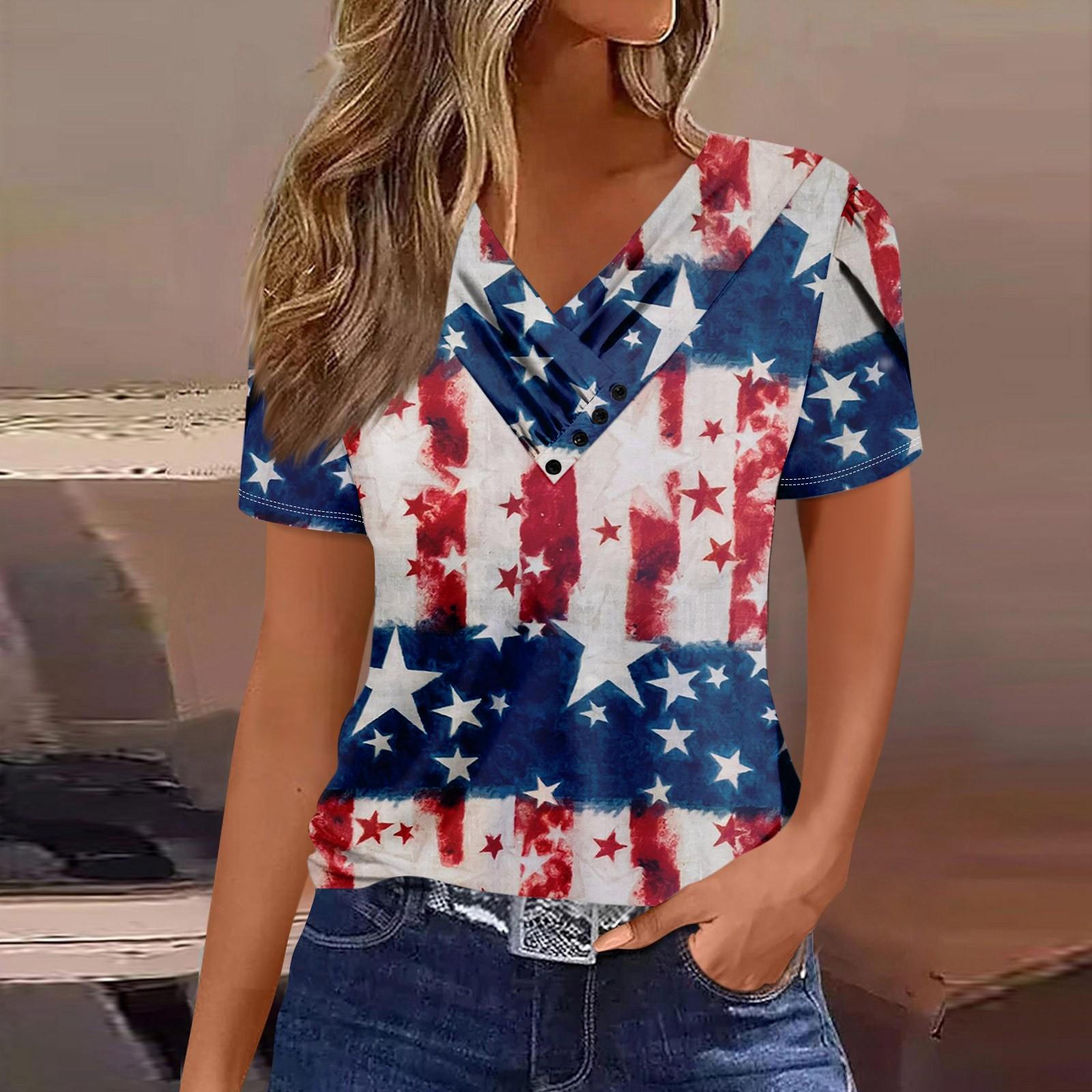 

Женская футболка, повседневная футболка с v-образным вырезом и короткими рукавами, топ на пуговицах с принтом M