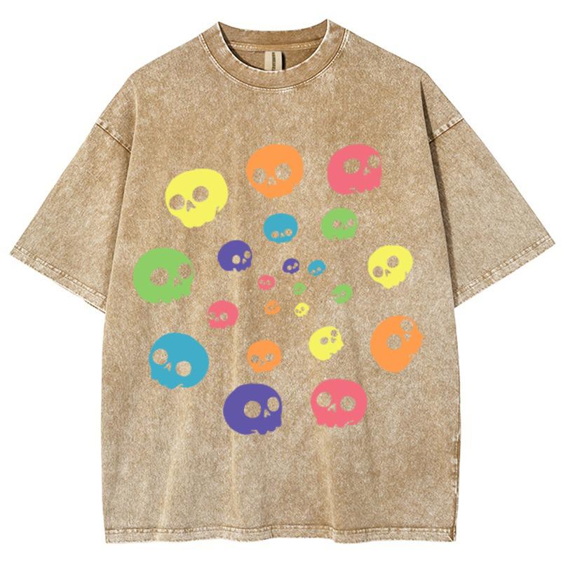 Cute Funny Style Colorful Skull Print Women's T-Shirt Round Neck Loose Oversized Short Sleeve Fashion Design Vintage Top Tee