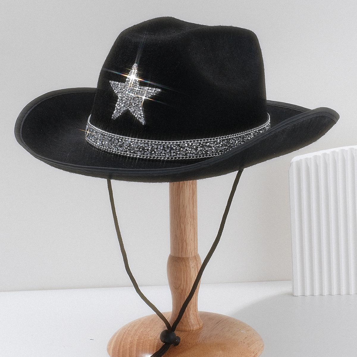 

Ковбойская шляпа со стразами в виде звезды: Унисекс шляпа-федора с широкими полями для пляжных вечеринок M (56-58 cm) чёрный