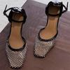 Fashion Luxury Mesh Rhinestone Designer Sandals Fashion Buckle Ankle Strap Square Toe women Slide Sandals summer Sexy Hollow Ladies Shoe