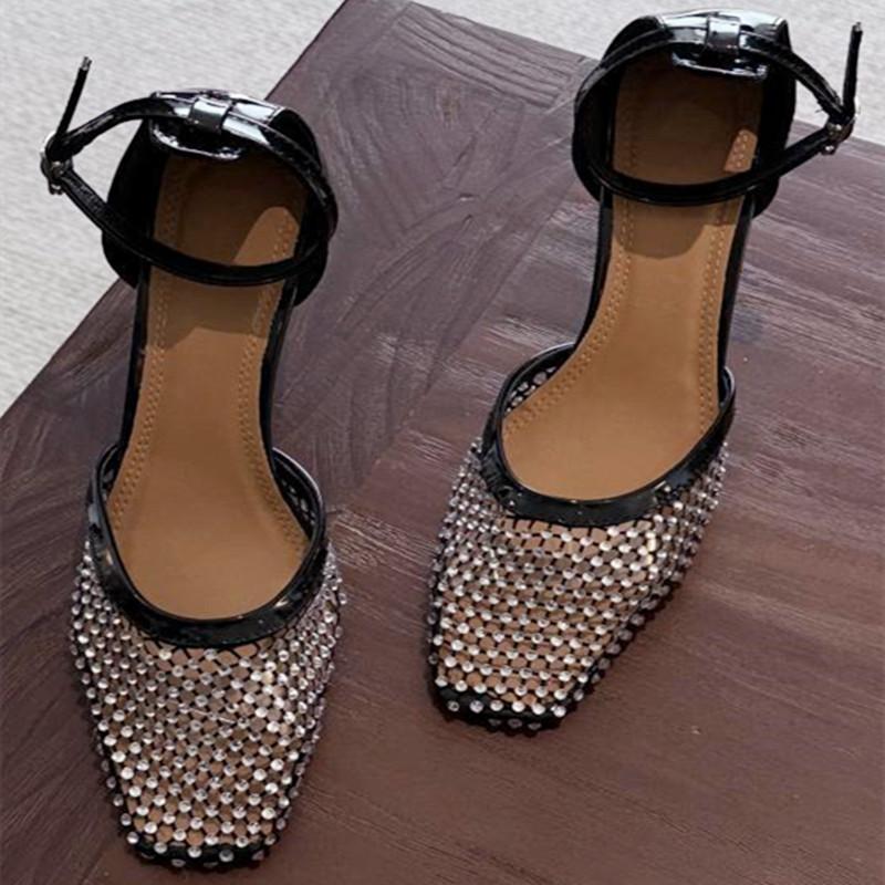 Fashion Luxury Mesh Rhinestone Designer Sandals Fashion Buckle Ankle Strap Square Toe women Slide Sandals summer Sexy Hollow Ladies Shoe