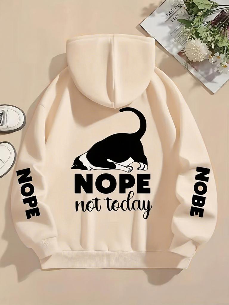 Nope Not Today Prints Hoodies Womens Cute Cat Pullovers Loose Pocket Tops Warm Fleece Sweatshirts Winter Casual Woman Clothing