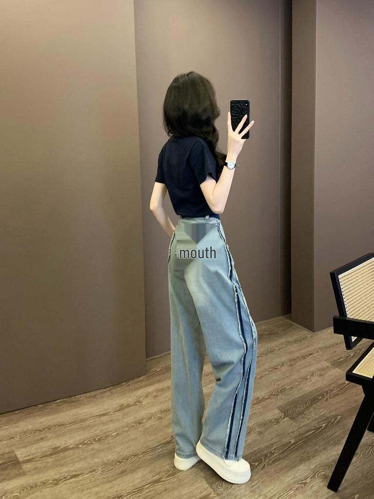 2026 Sommer Damen Trendiges Streetwear Set: Stilvolles Rundhals-Kurzarm-Oberteil & Weitbeinige Jeans