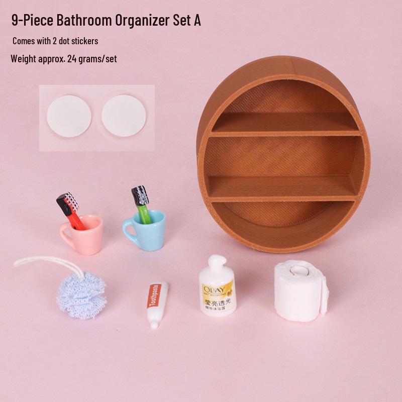 Miniature Dollhouse Bathroom Set: Toothbrush, Toiletries & Wall-mounted Storage Rack