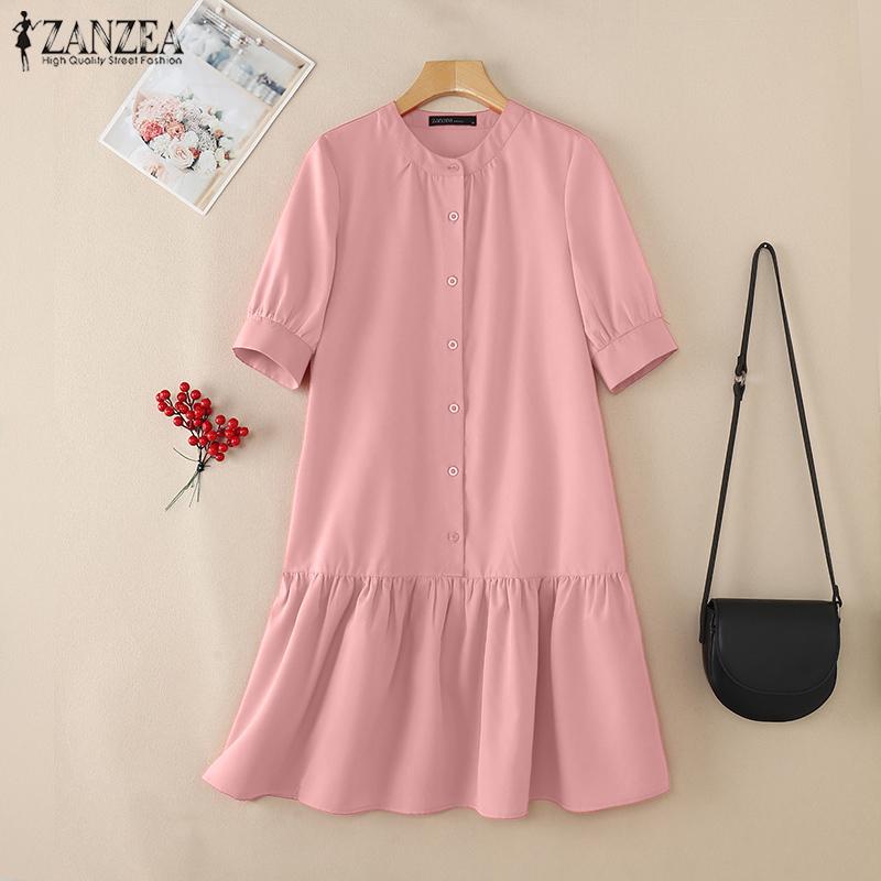 ZANZEA Women Casual Round Neck Summer Loose Short Sleeve Dress