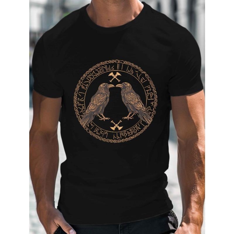 

Norse Inspired Raven Illustration Men s Casual Grew Neck Short Sleeve T-Shirt for Summer, PLUS SIZE XL