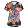 Women's Fashion Printed Short Sleeve V Neck Pattern Tops Pocket Working T-shirts