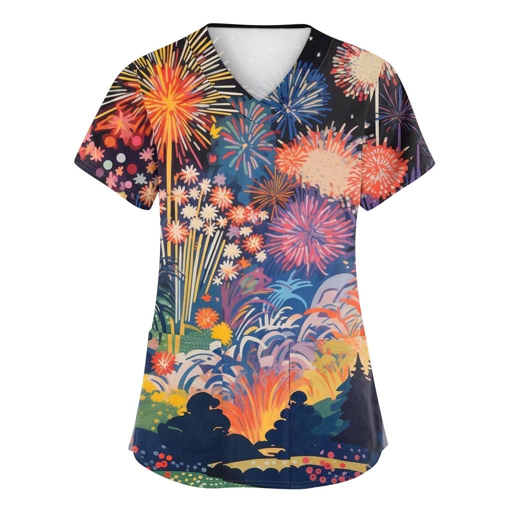 Women's Fashion Printed Short Sleeve V Neck Pattern Tops Pocket Working T-shirts