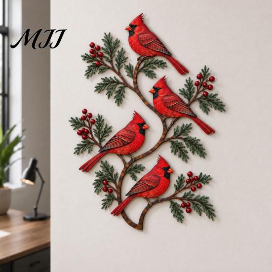 Unique Outdoor Yard Decorations Metal Bird Wall Decor, Red & Chickadee Sculpture with Branches and Gifts for Garden Lovers Berries, 2D Iron