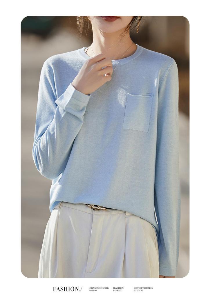 Women's Slim Fit Solid Color Round Neck Wool Sweater - Long Sleeve Fine Knit Base Layer