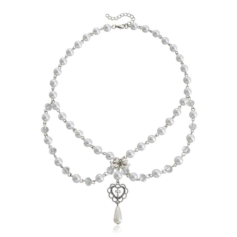 Victorian Gothic Cross Rosary Necklace With Chain Charm Handmade Sacred Pearl Beaded Necklace Layered Necklace