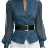 Women's Vintage Faux Denim Shirt Top Spring V-Neck Patchwork Sheer Sleeves Blouse Office Casual Streetwear Chic Blouse