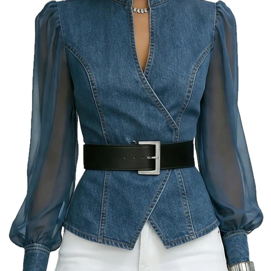 Women's Vintage Faux Denim Shirt Top Spring V-Neck Patchwork Sheer Sleeves Blouse Office Casual Streetwear Chic Blouse