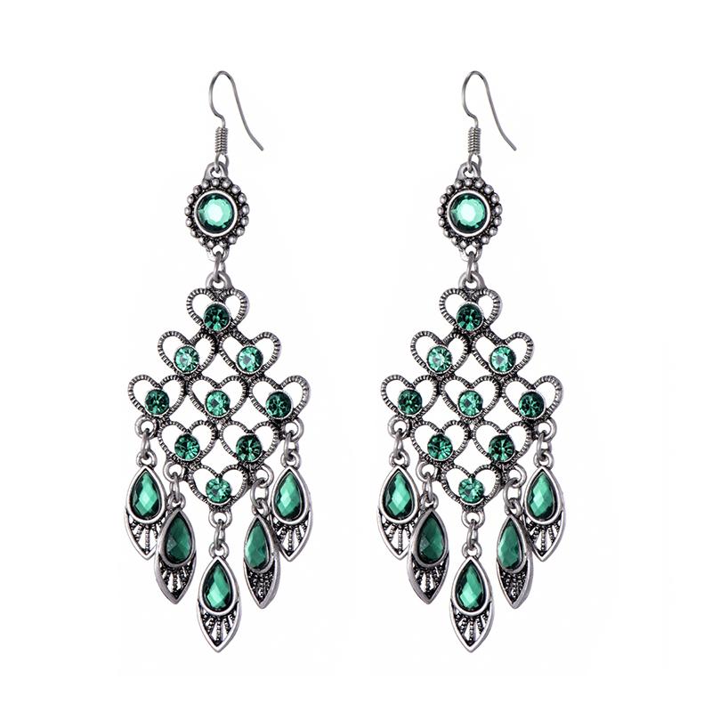

Fashion Ethnic Vintage Bohemian Drop Dangle Long Earrings For Women Geometric Crystal Rhinestone Wedding Earrings Zircon Gift зелений