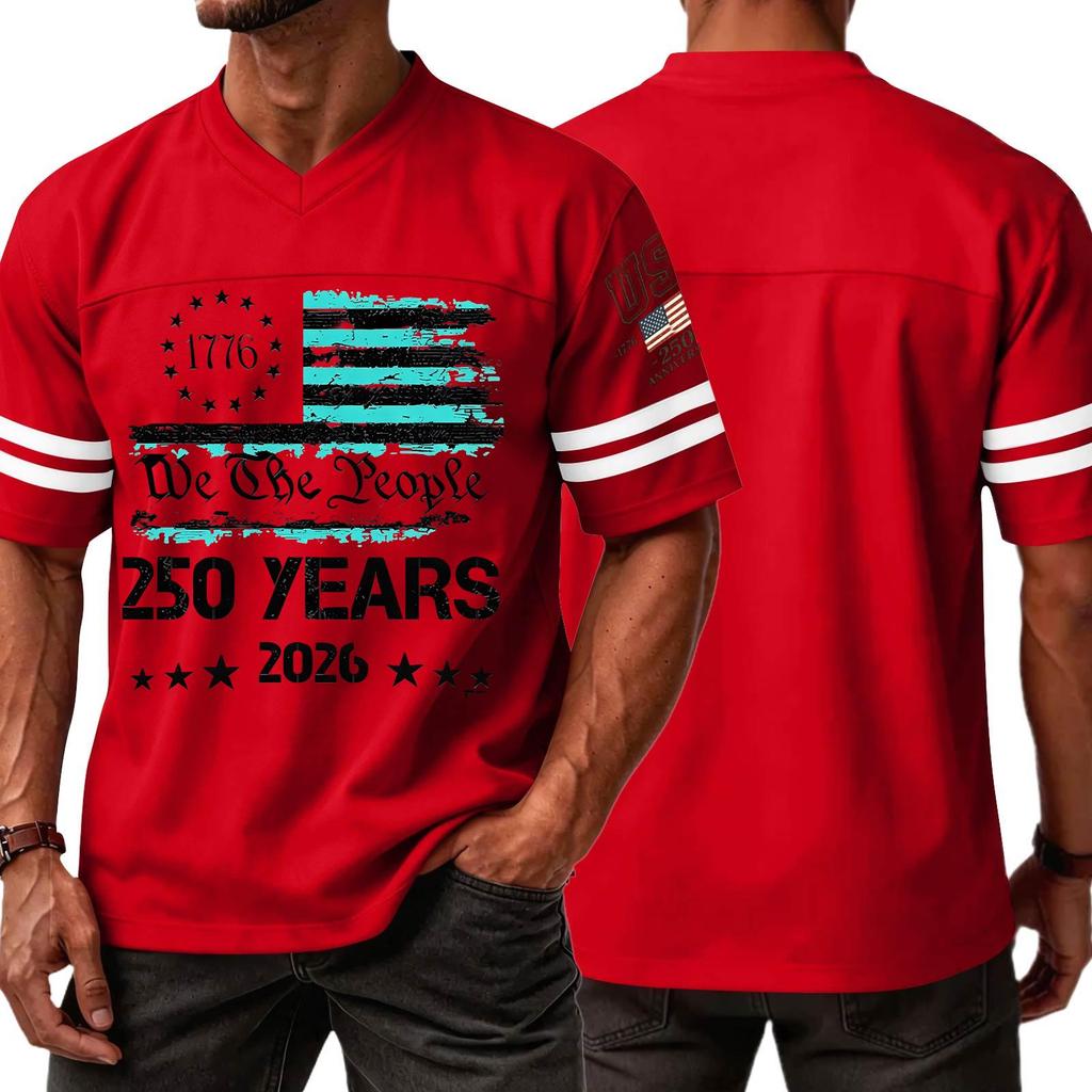 Men’s Casual V Neck Short Sleeve Jersey Style T Shirt with 250 Years Independence Day Print Athletic Fit Comfortable Top