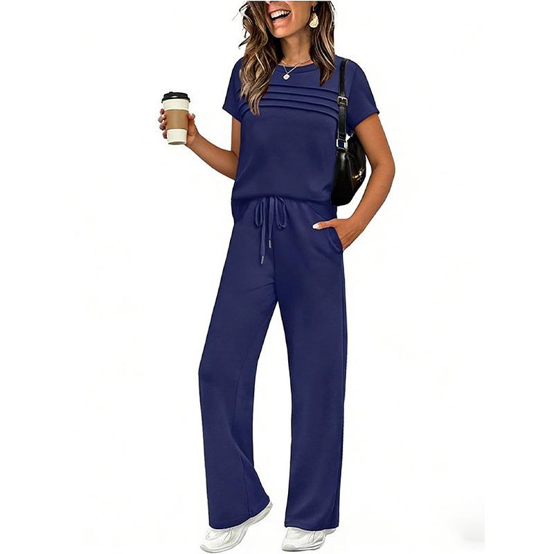 2026 New Spring-Summer Women's Casual Set: Short Sleeve Top & Wide Leg Long Pants