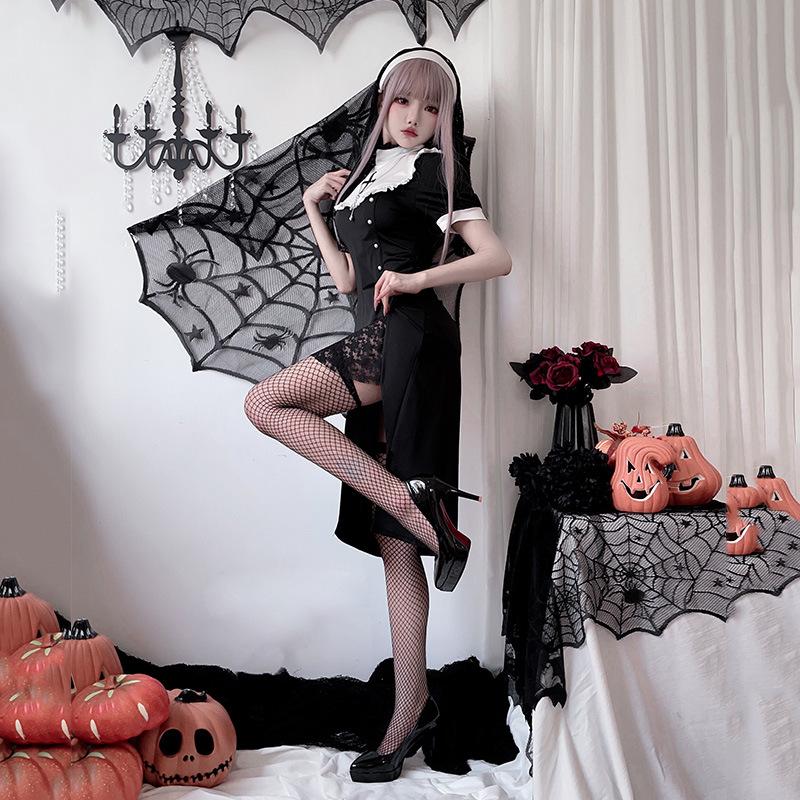 Halloween Kostüm Damenkleid Vampir Nonne Kleid Kreuzkleid Dunkles Goth Kostüm