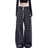 Women's High Waist Retro Patchwork Plaid Wide Leg Pants - Loose Casual Floor-Length Trousers