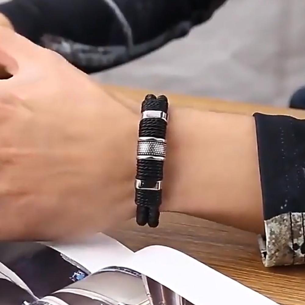 Leather Woven Bracelet Double-Layer Retro Trendy Punk Minimalist Texture Magnetic Buckle Men's Women's Bangle Couple Jewelry