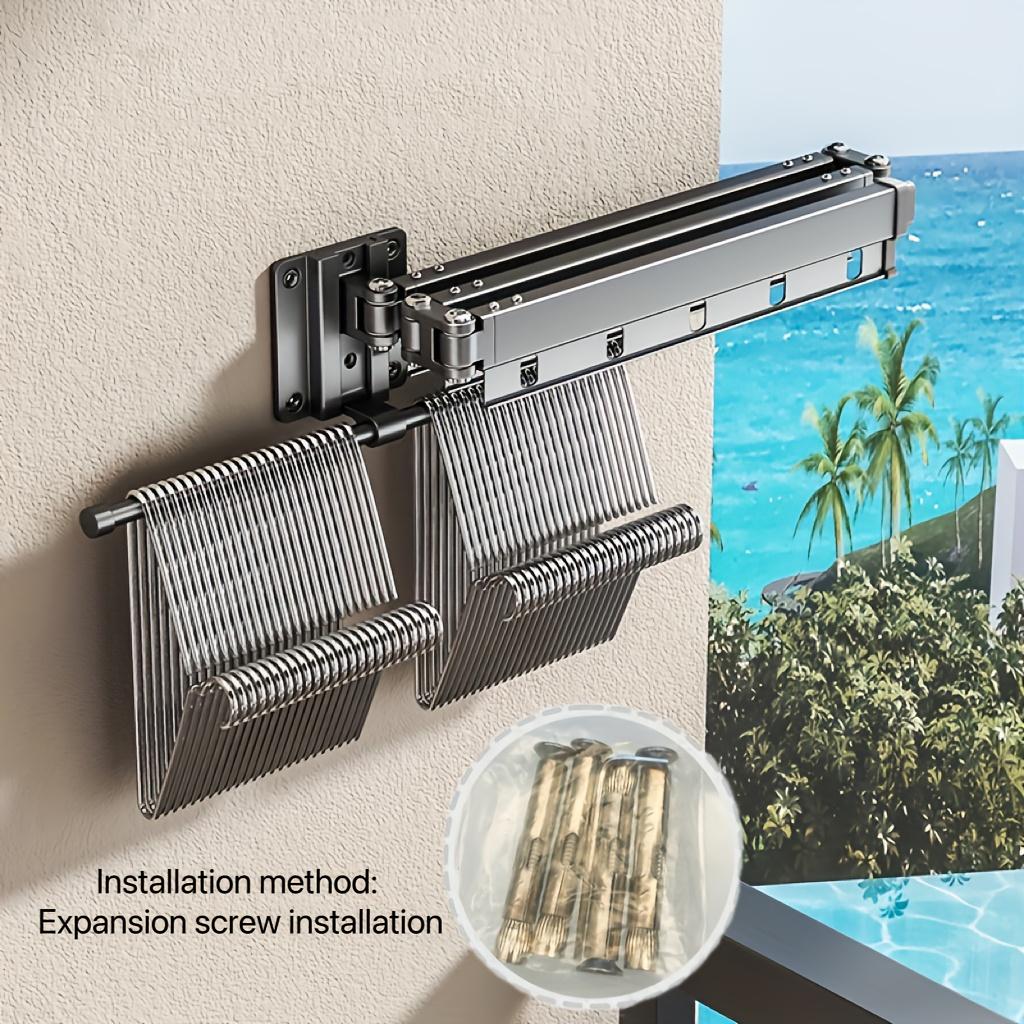 1 szt. Składany stojak do suszenia na balkon, Składany teleskopowy stojak do suszenia ze stopu aluminium, Składany stojak do suszenia montowany na ścianie, z haczykiem,