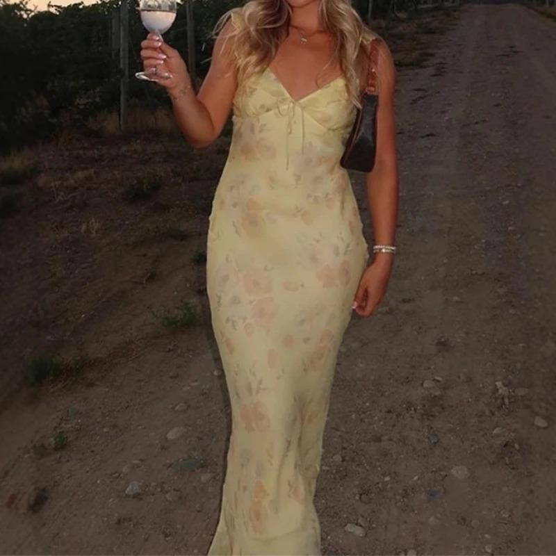 Summer Flower Printed Women's Sexy Low Cut Dress Sleeveless Backless Slim Sling Dresses Beach Vacation Lady Vestidos