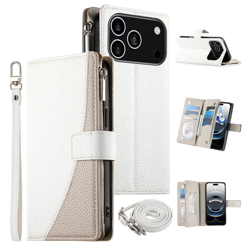 For iPhone 17 Pro Case Zipper Wallet Color Splicing Leather Flip Phone Cover with Straps