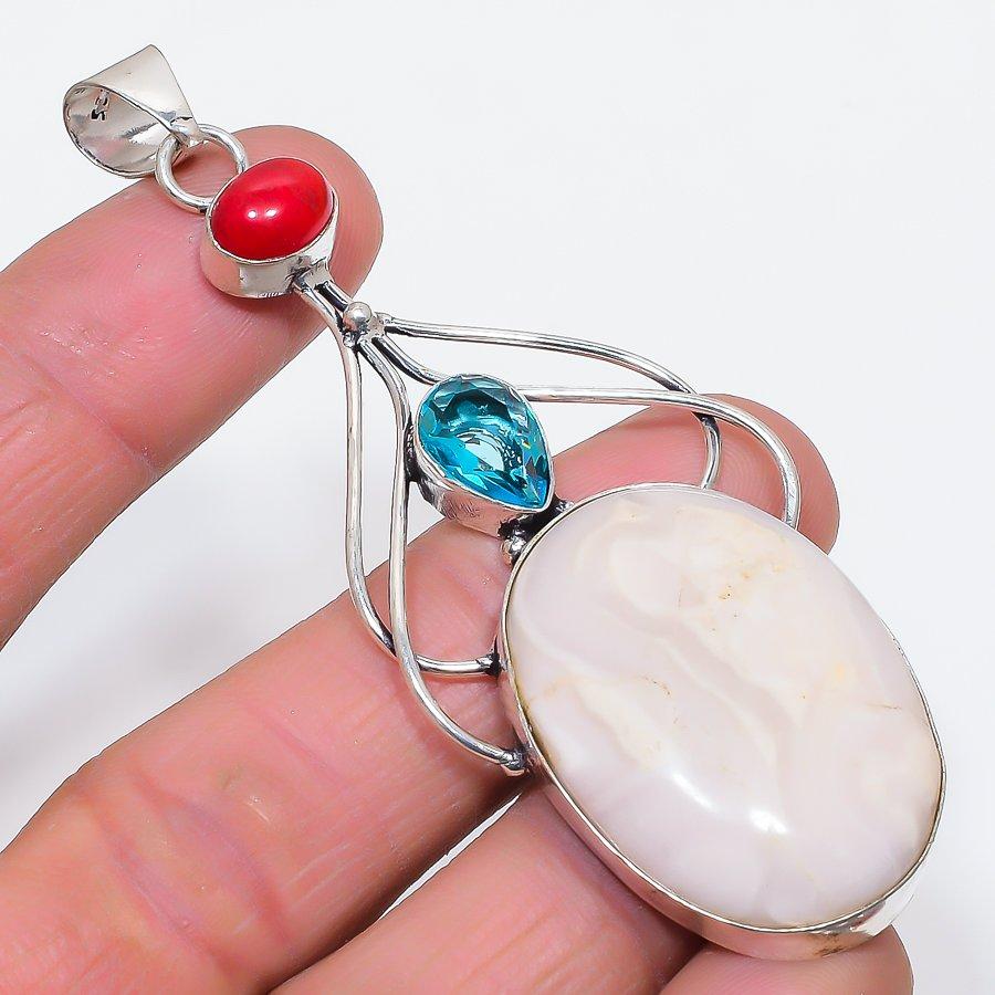 

Natural Pink Opal, Blue Topaz 925 Sterling Silver Jewelry Pendant 3.47 F5I59