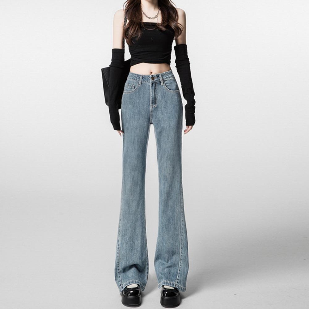 

Персонализированные ретро корейская версия микро-пулл джинсы женские весенне-осенние новые с высокой талией модные эластичные микро-клеш брюки в пол 2XL светло-синий