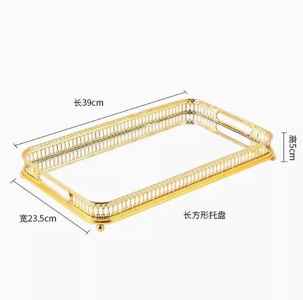 Rectangular Glass Mirror Tray European-style Simple Metal Coffee Table Tray Round Hollow Gold Rim Decorative Plate Ornaments