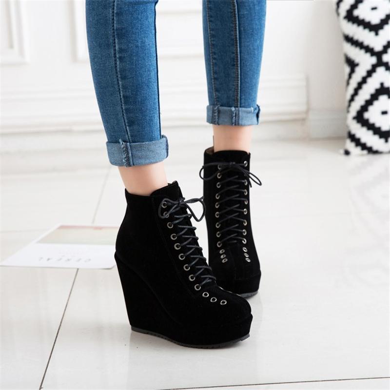 Stivaletti alla caviglia da donna con plateau, scarpe autunnali e invernali, con zeppa, tacchi alti, stringate, stivaletti corti, zeppe in pelle scamosciata nera, scarpe da ballo