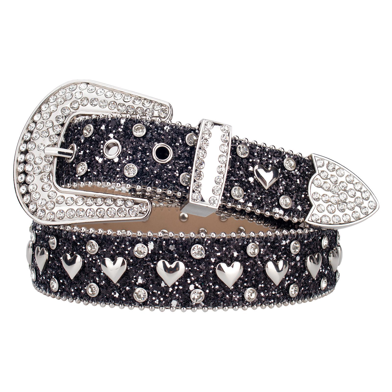 Western Black Glitter Silver Heart Rhinestone Belt Crystal Studded PU Leather Belt for Women Y2K Streetwear Fashion Accessory