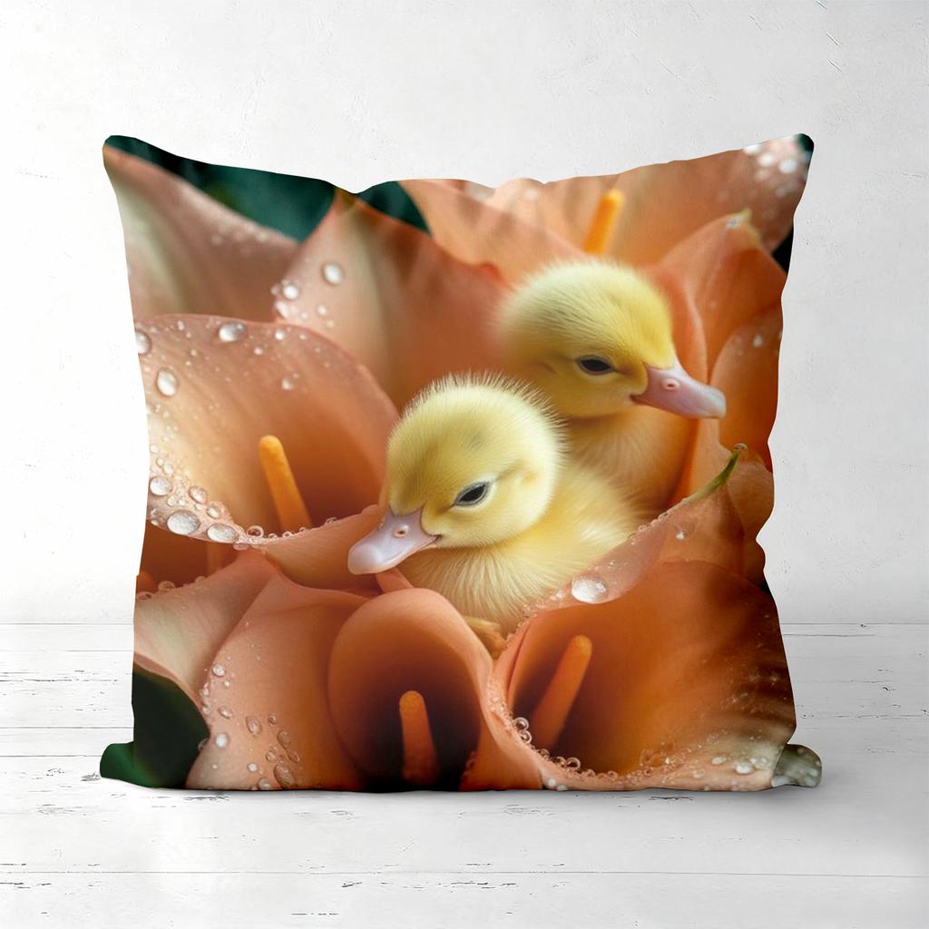 Cute Ducklings Nestled in Orange Lily Pattern Cushions Polyester pillowcase, sofa decorative cushion cov Headboard Pillow