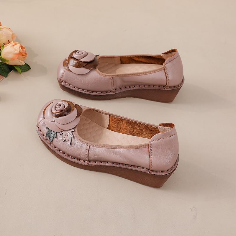 Fashion Rose flower slip on flats women's autumn genuine leather shoes woman shallow wedge heels ladies elegant retro moccasins loafers
