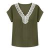 Women Casual Pullover Top V Neck Lace Trim Stitching Short Sleeve Blouse Lightweight Loose Fit Shirt for Everyday Wear