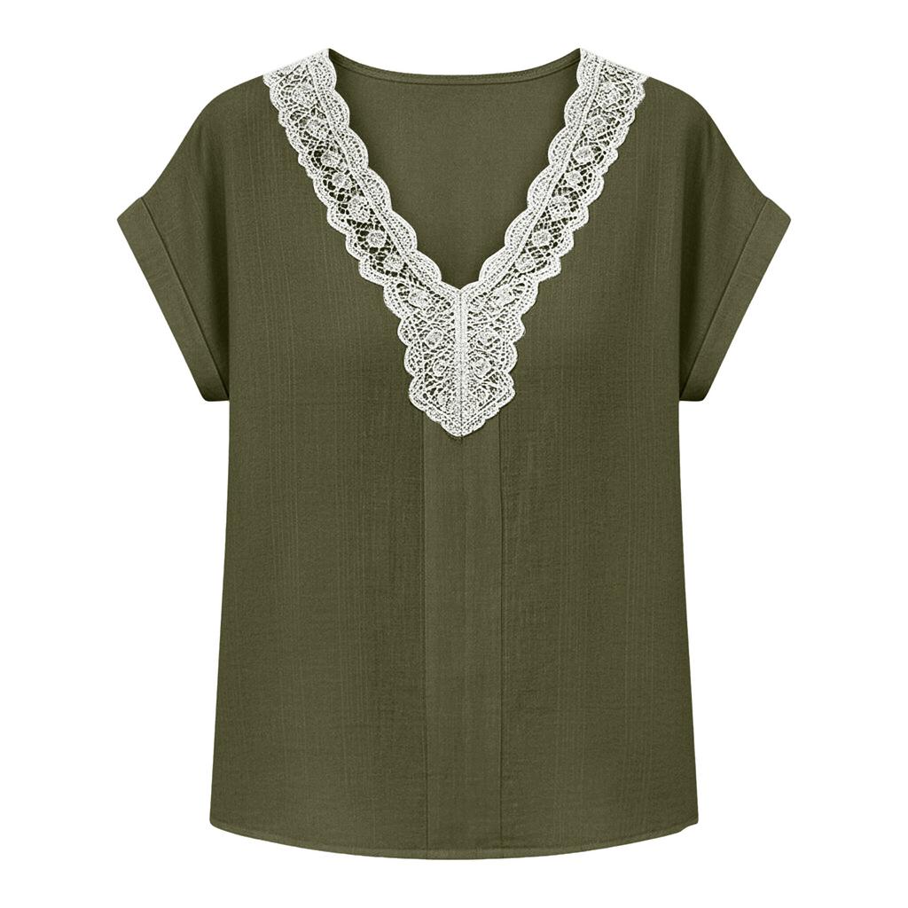 Women Casual Pullover Top V Neck Lace Trim Stitching Short Sleeve Blouse Lightweight Loose Fit Shirt for Everyday Wear