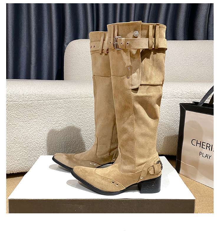 

Европейские и американские Spice Girls Ветер Две Носить Сапоги 2025 Новая Мода Острый Нос Ретро Западный Локомотив Складки Сапоги-чулки 42 хаки