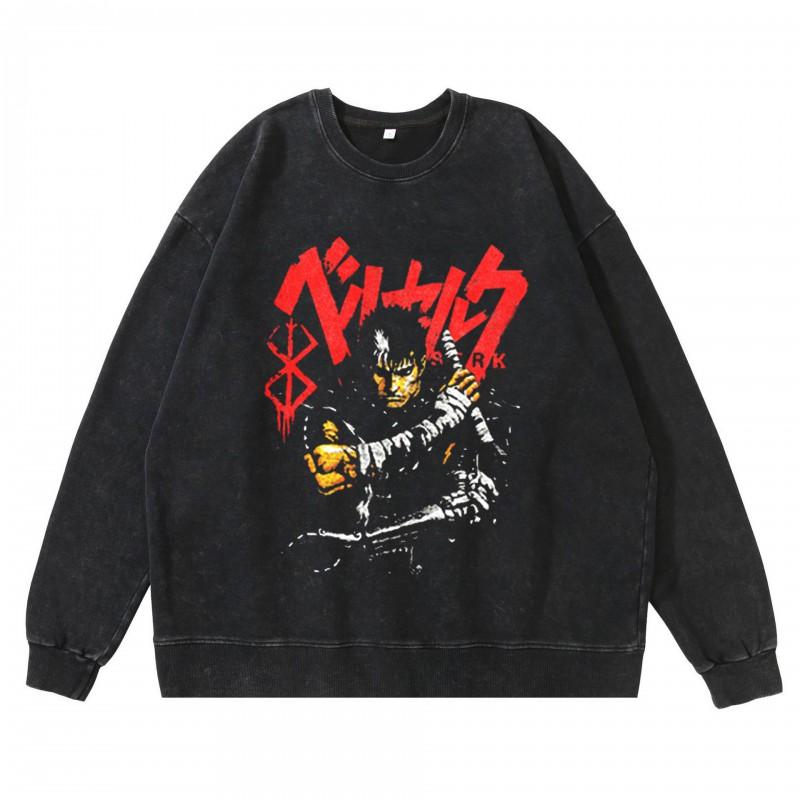 Heavyweight 360g Washed Vintage Berserk Anime Streetwear Cotton Pullover Hoodie-Free Crewneck Sweatshirt Men