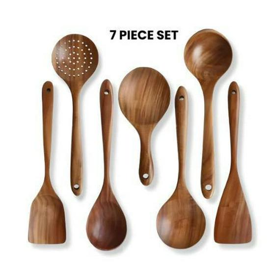 Teak Non-Stick Long-Handle Solid Wood Pan and Acacia Wood Kitchenware Set