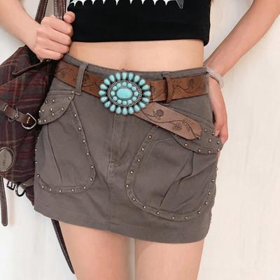 Adjustable Women's Western Bohemian Belt Oval Turquoise Buckle Dress Waistband  Belt Decoration