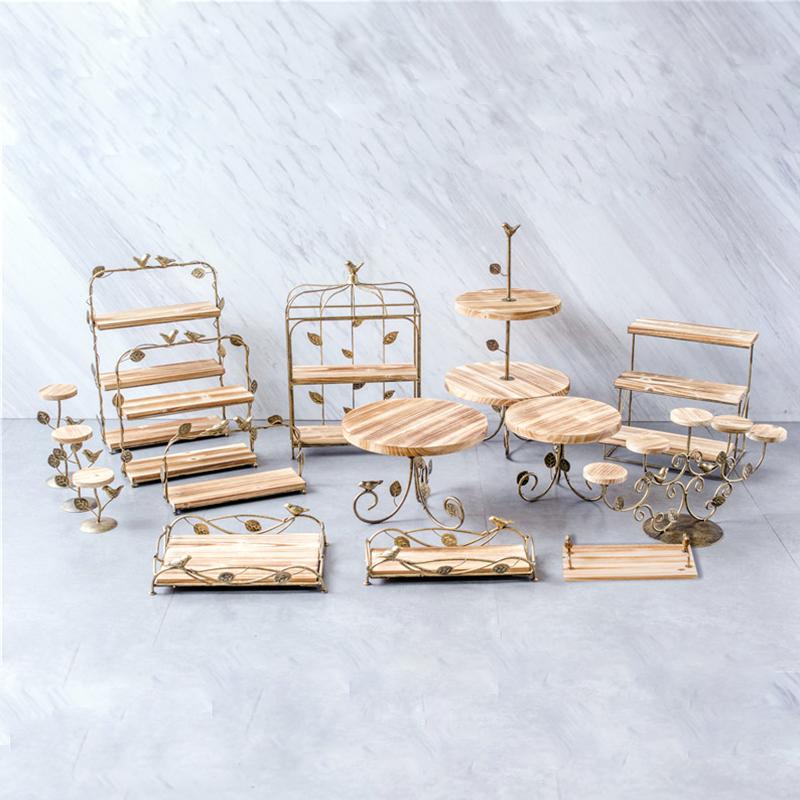 Nordic Style Retro Metal Wooden Cake Stand Iron Cake Display Tray Dessert Table Wedding Holiday Party Arrangement Decoration