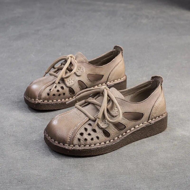 Johnature Hohle Sandalen aus echtem Leder, bequem, lässig, atmungsaktiv, vielseitig, flache Damenschuhe