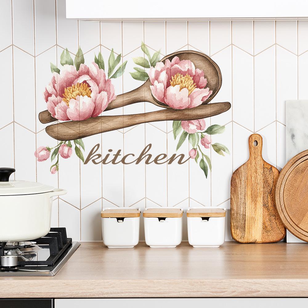 Colher de Pau Criativa Flor Slogan Inglês Cozinha, Sala de Jantar Embelezamento de Fundo para Casa Adesivos de Parede