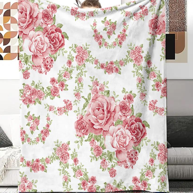 [Warm All-Season Knitted Blanket] 1pc Traditional-Style Rose Print Flannel Blanket - Soft, Warm, All-Season Knitted Polyester Th 75X95CM