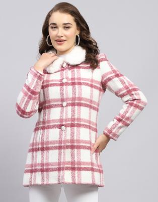 Womens Check Pink Collar Neck Full Sleeve Coat