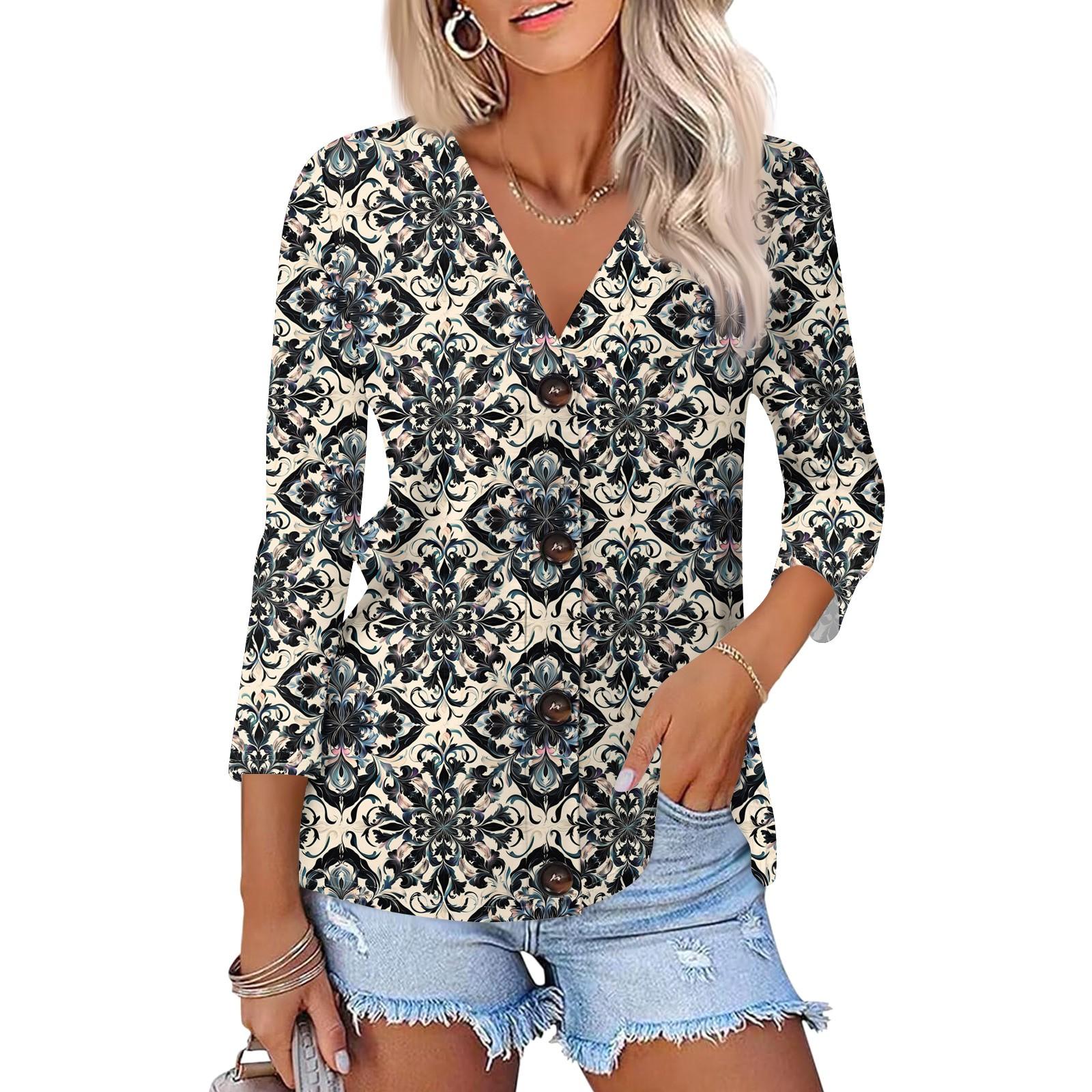 

Women s Fashion Casual Print Button-down Shirt 3/4 Long Sleeve Tops S Темно-синій