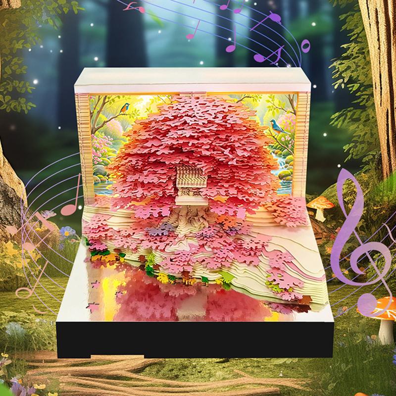 Music Time Piece Calendar 2026 Desk Calendar With Led Light 3D Tear-Away Calendar Paper Carving Art Memo Pad Notepad Christmas