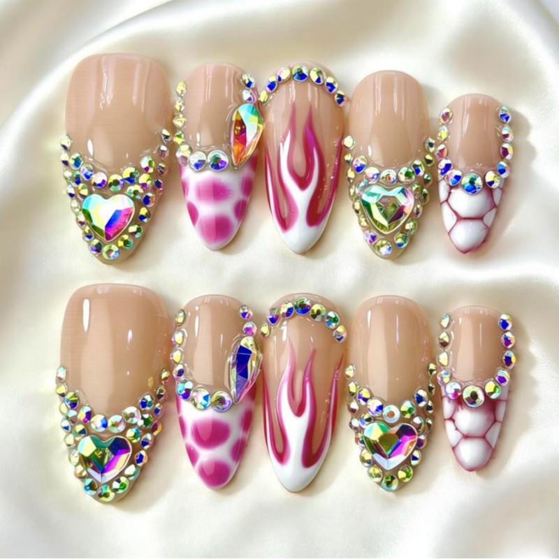 Handcrafted Removable Press-On Nails Almond Shape French Tip 3D Floral Hand-Painted Acrylic Nail Art Women Men Teens AW1036