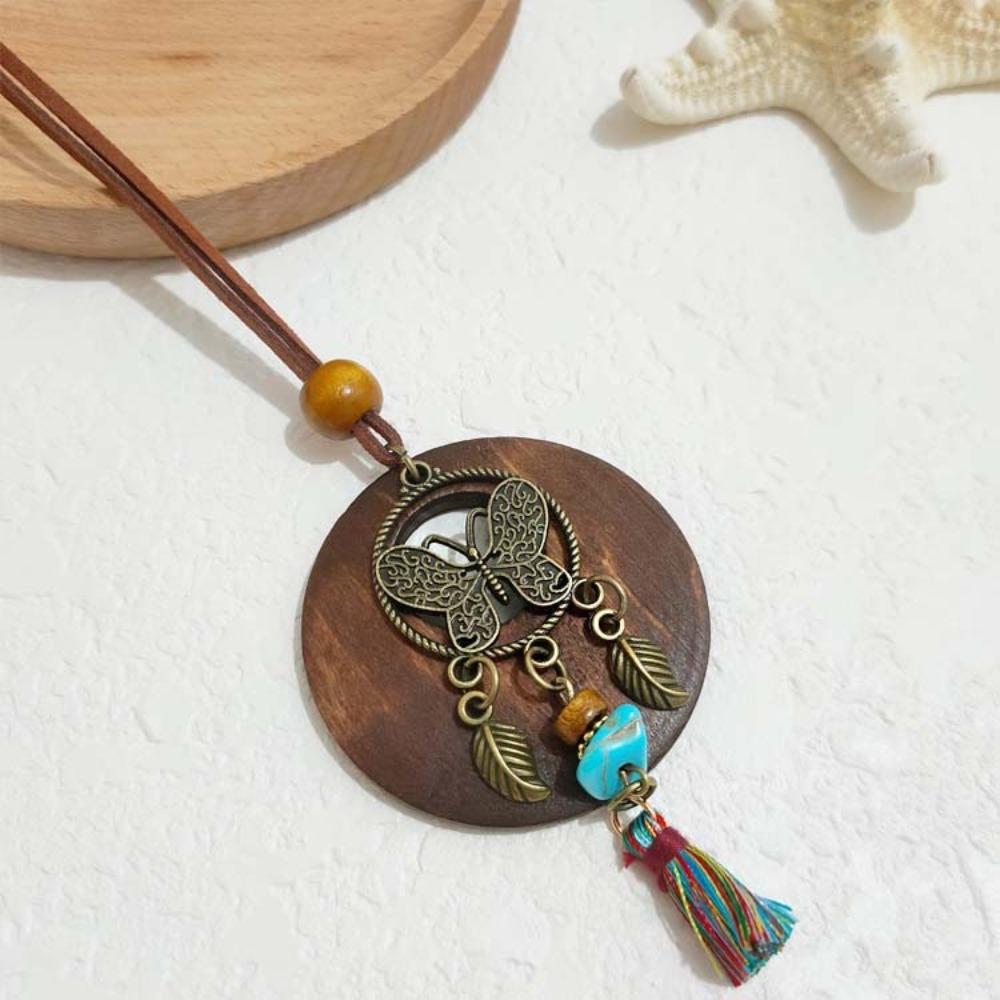 Round Sweater Chain Wooden Necklace Female Jewelry Vintage Leather Lanyard