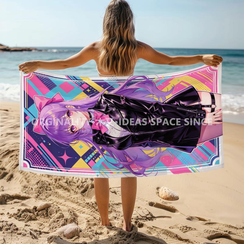 Y2K Purple Anime Girl Beach Towel Patterned Sunscreen And Windproof Suitable For Swimming Pool Camping Travel Blanket