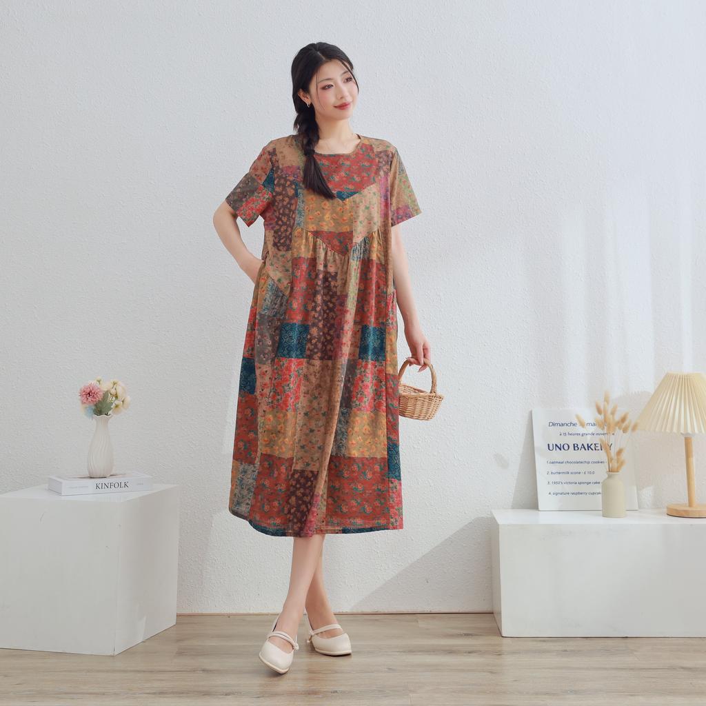 DIMANAF 2025 Women Plus Size Summer Dress Casual Floral Dress Basic Vintage Loose Long Dress Maxi